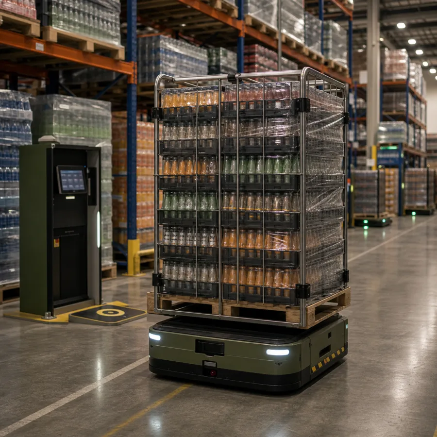 An AMR with a beverage pallet by the racks