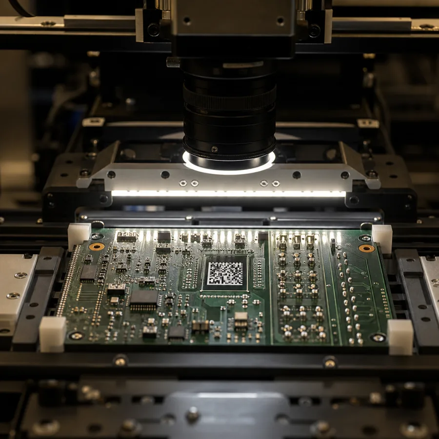 A PCB with a DataMatrix code under an inspection camera
