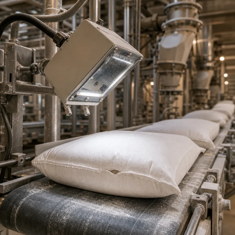 White flour bags on a conveyor in a dusty zone