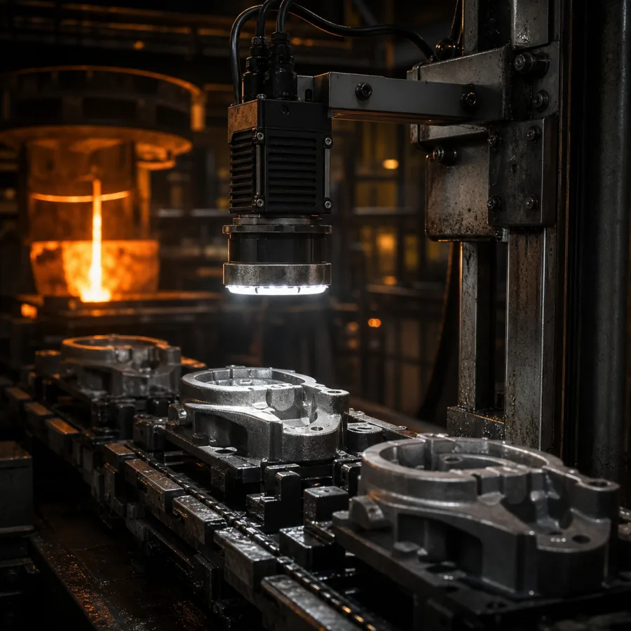 A casting on a conveyor under directed light