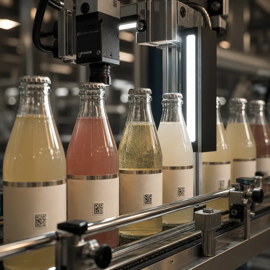bottling line: bottle, code, label and fill level