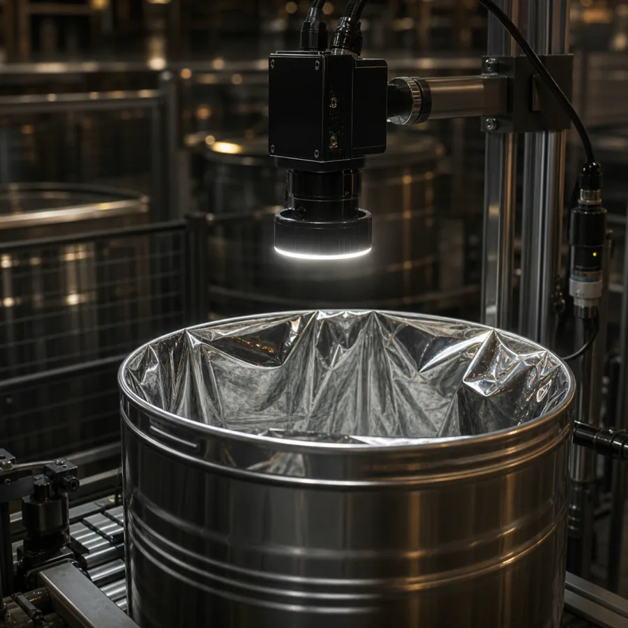A foil liner on the rim of a steel drum
