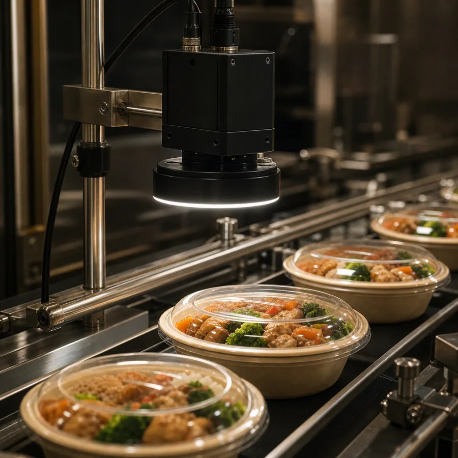 A ready-meal tray under a seal-inspection camera