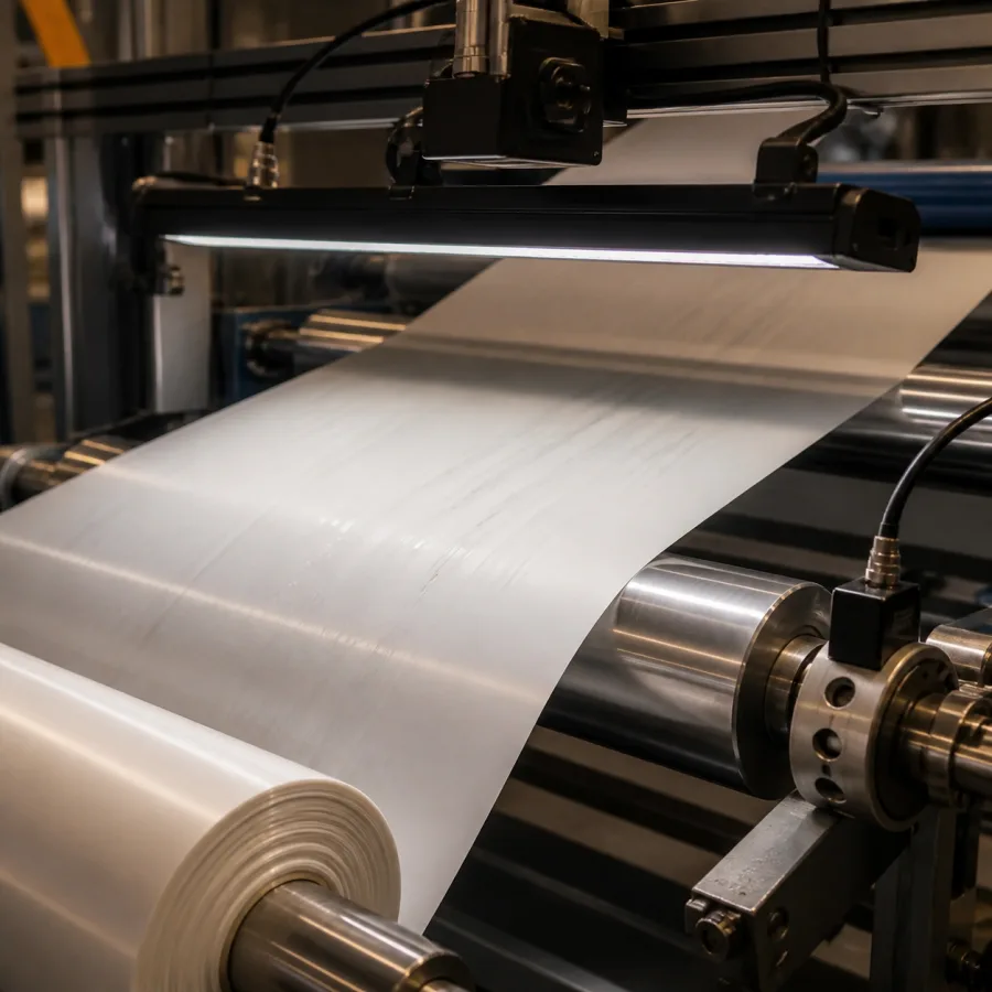 A line-scan camera over a roll material web
