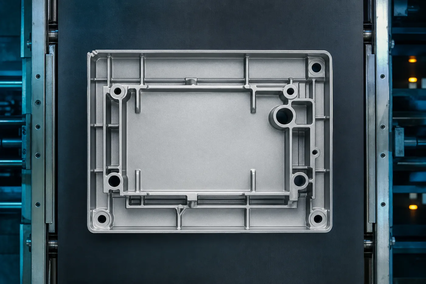 An aluminum casting on a conveyor, top view