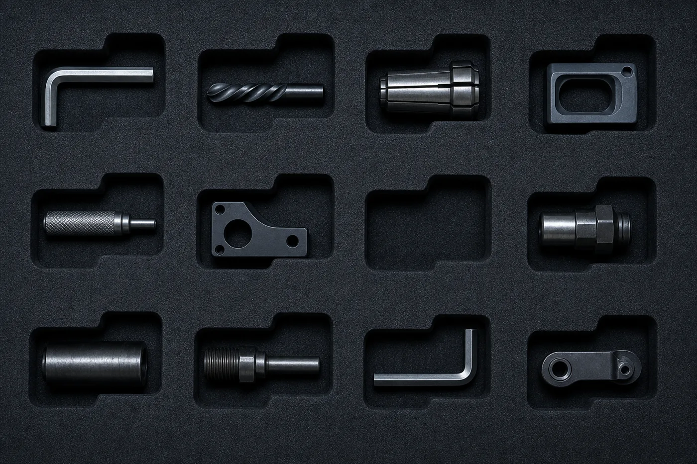 A 3×4 fixture tray with tools, one cavity empty