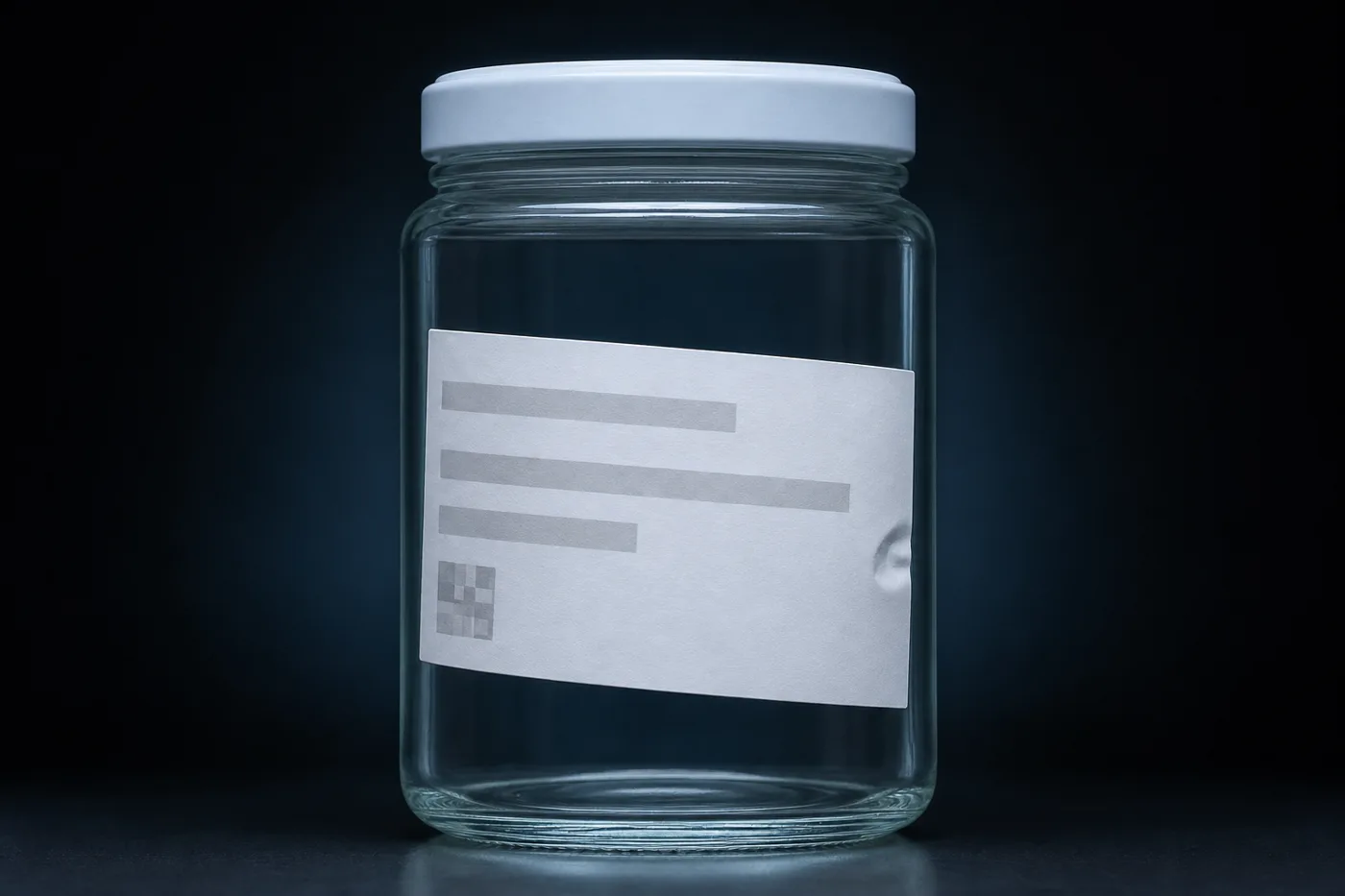 A glass jar with a label, front view