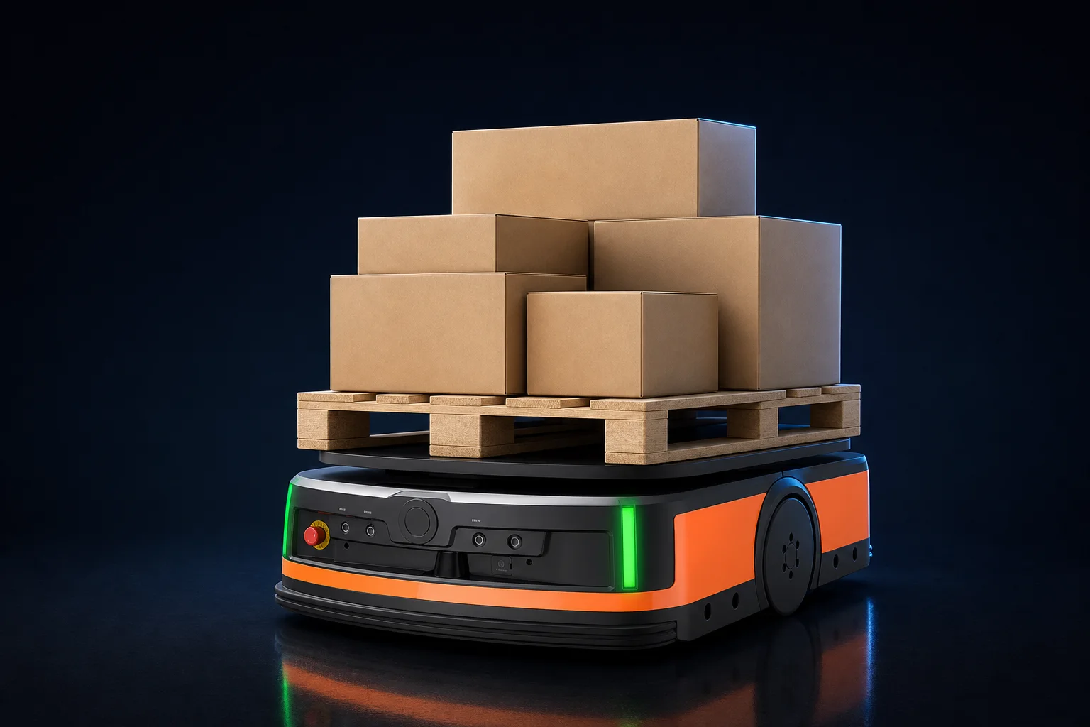 QF-1000 mobile robot carrying a pallet of boxes