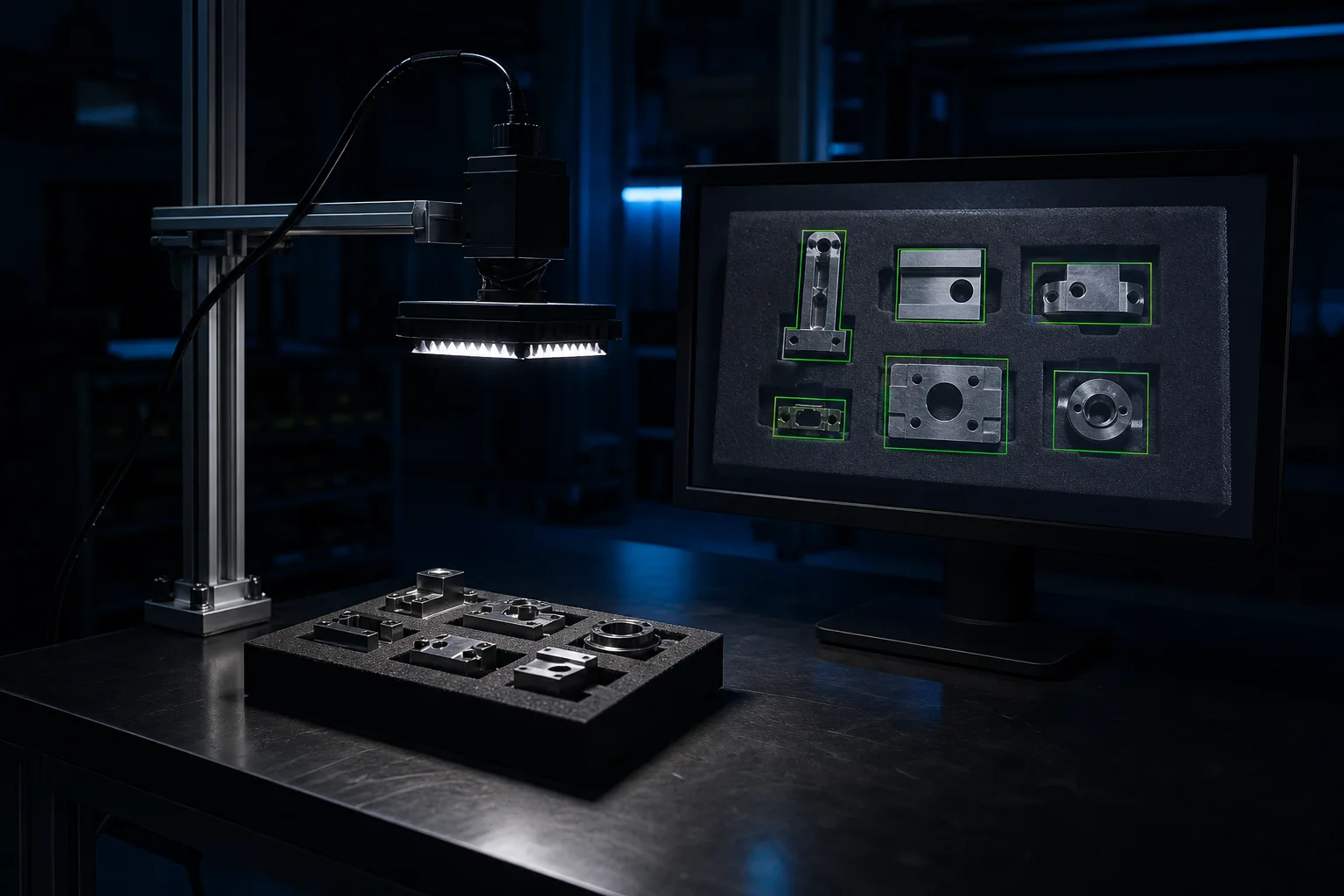 Bench: a fixture tray with parts under a camera, parts in green boxes on the monitor