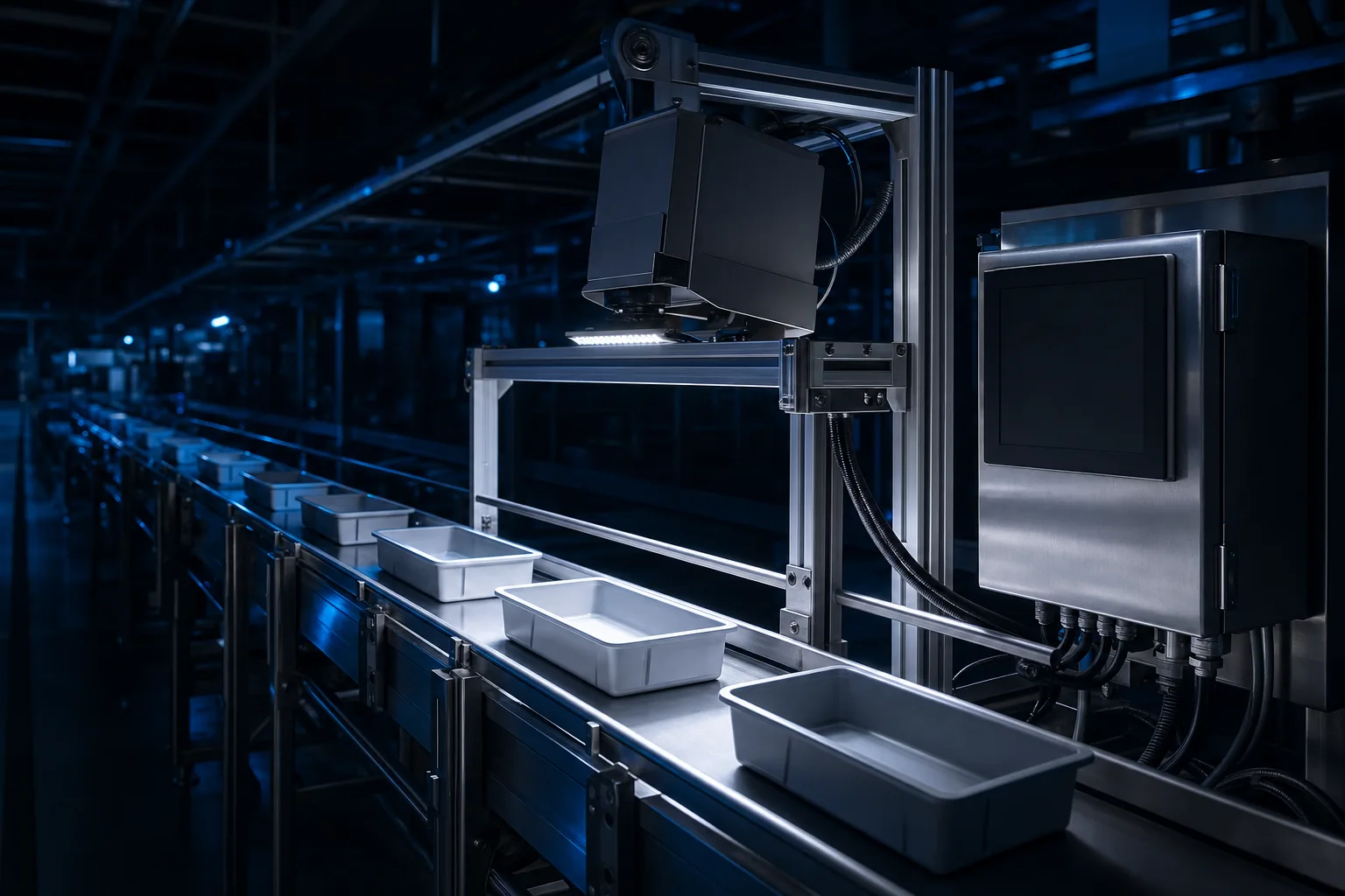 An assembled inspection station: a housed camera over a conveyor, a controller cabinet