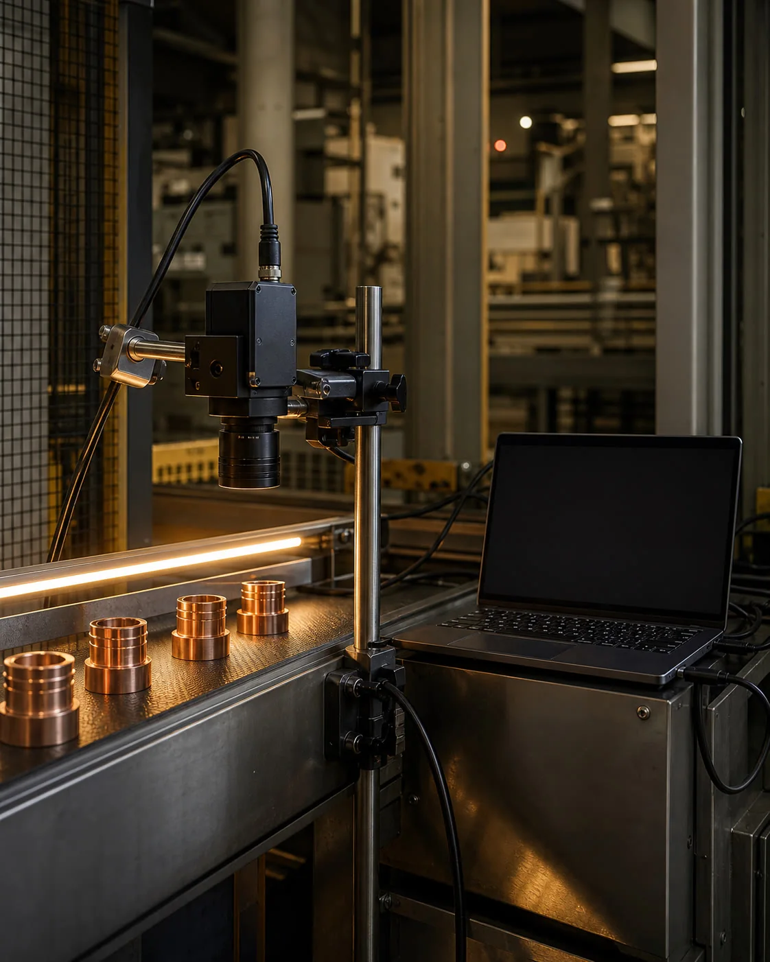 Test bench: a camera over samples, a laptop beside it